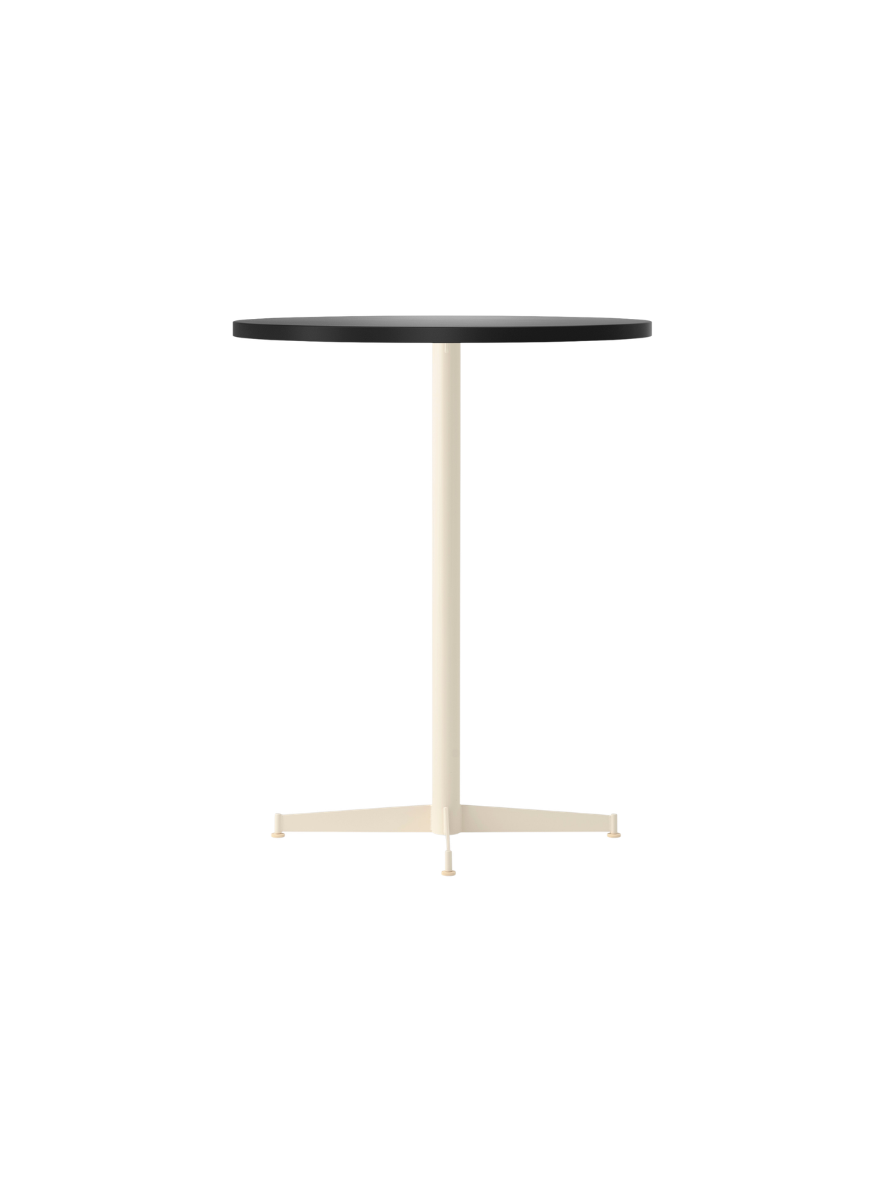 An angle view of the Nook Counter Table, featuring a round, charcoal linoleum tabletop and a slender, ivory-coloured base.