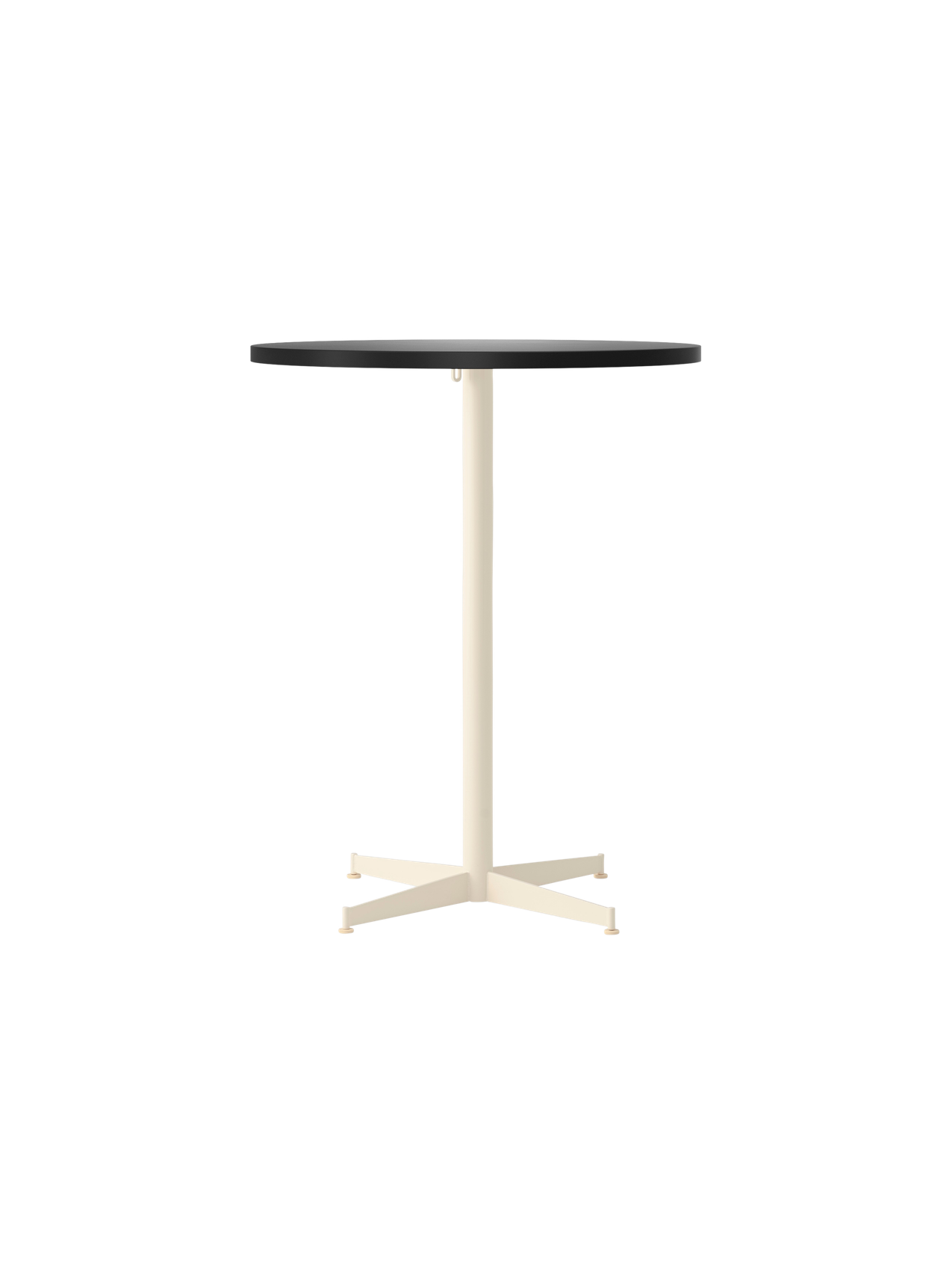 Front view of the Nook Counter Table, showing its round, dark charcoal tabletop and slim, ivory pedestal base with four feet.