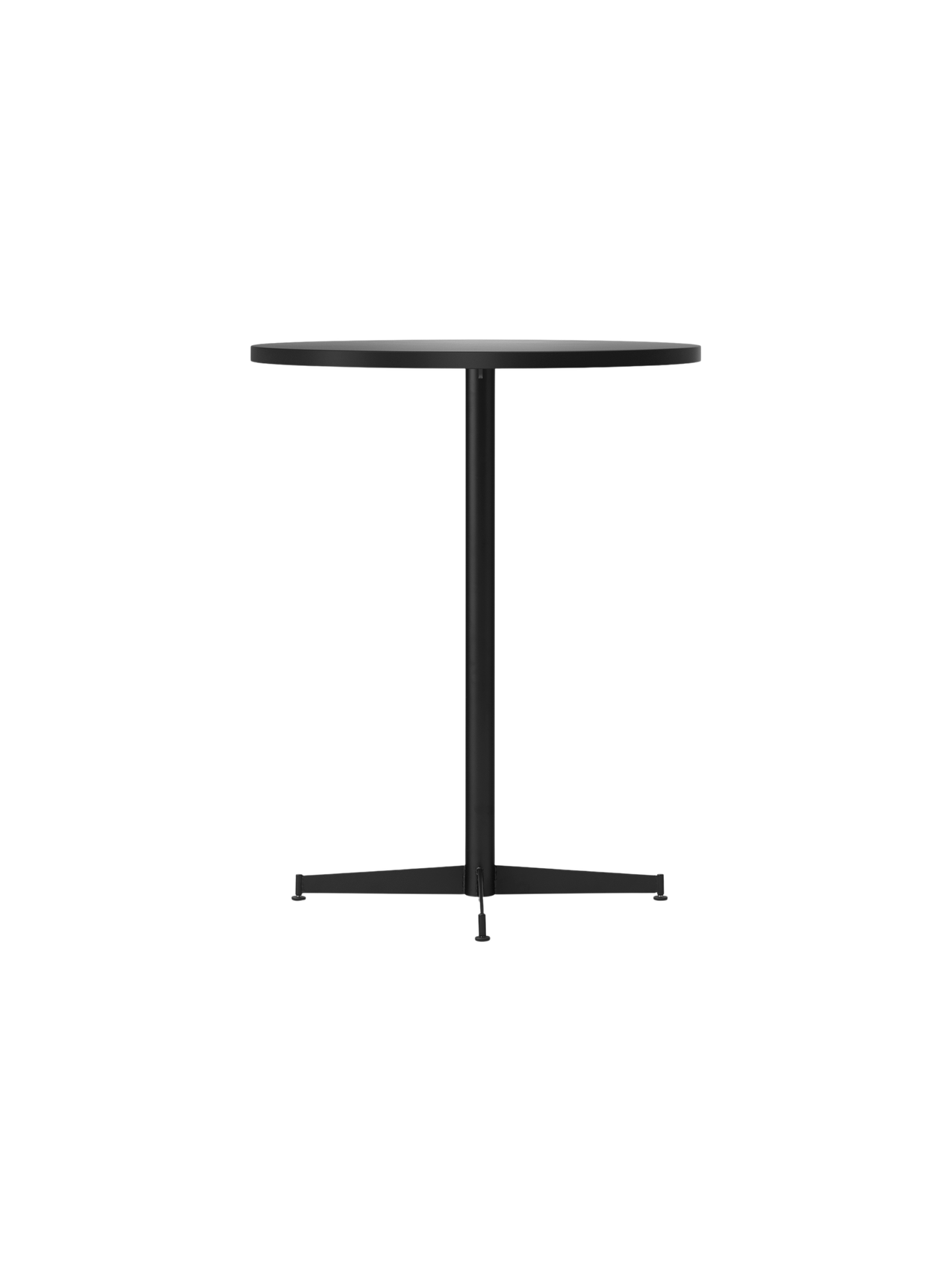 Angled view of the black Nook Counter Table with a round top, central column, and a four-pronged base with adjustable feet.