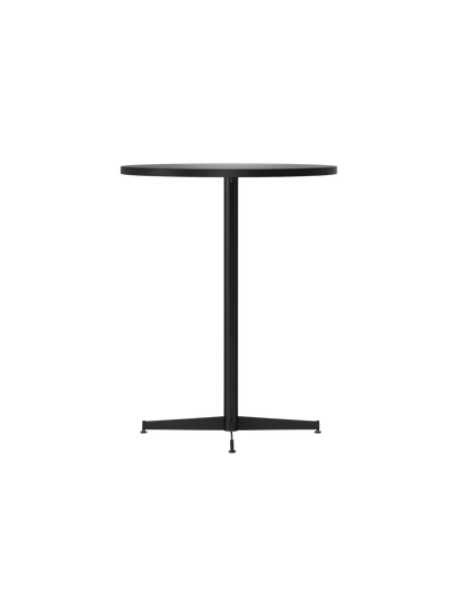 Angled view of the black Nook Counter Table with a round top, central column, and a four-pronged base with adjustable feet.