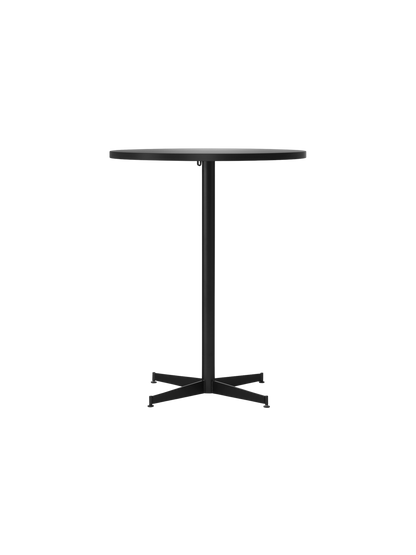 The Nook Counter Table, seen from the front, with a round dark grey top and a minimal black metal base with four legs.