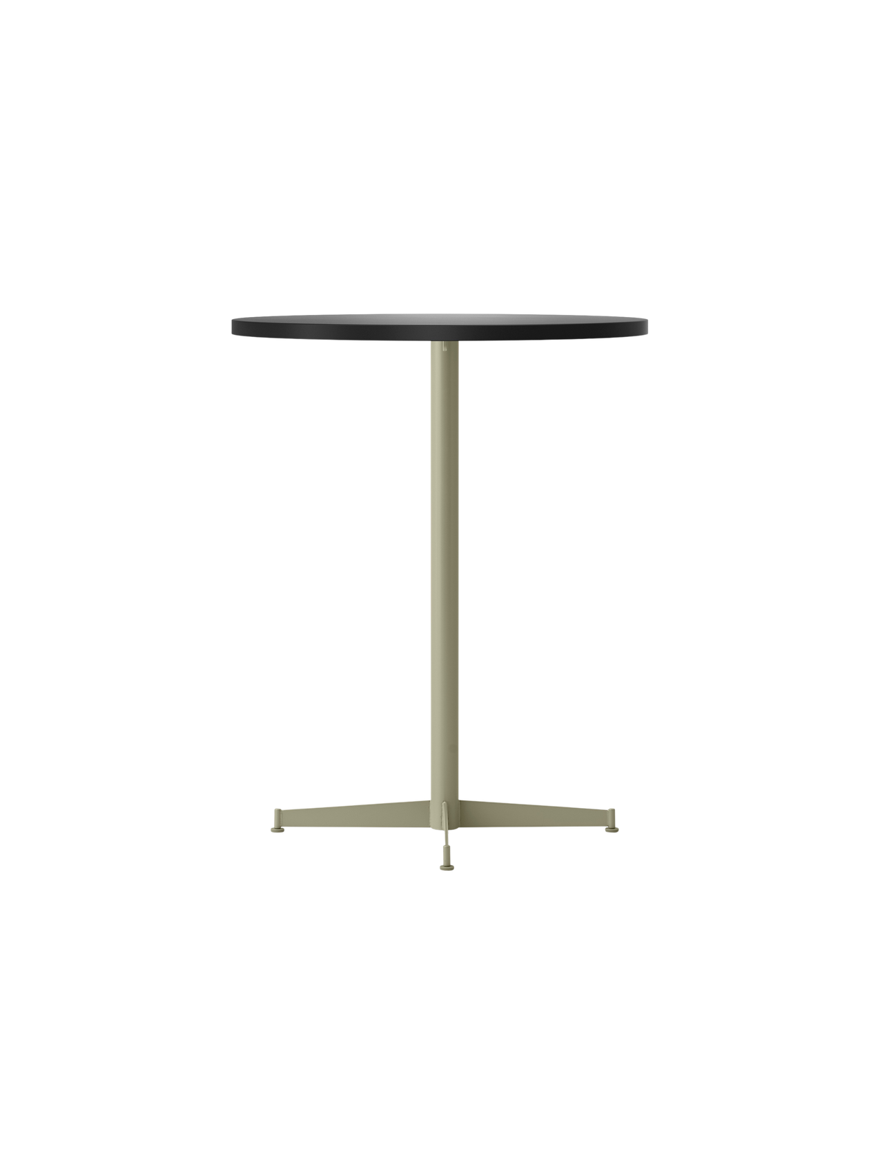 Angled view of the Nook Counter Table with a round charcoal tabletop and a slender pedestal base in an olive finish.