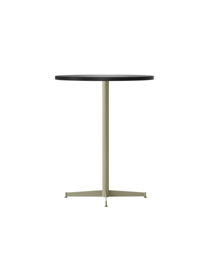 Angled view of the Nook Counter Table with a round charcoal tabletop and a slender pedestal base in an olive finish.