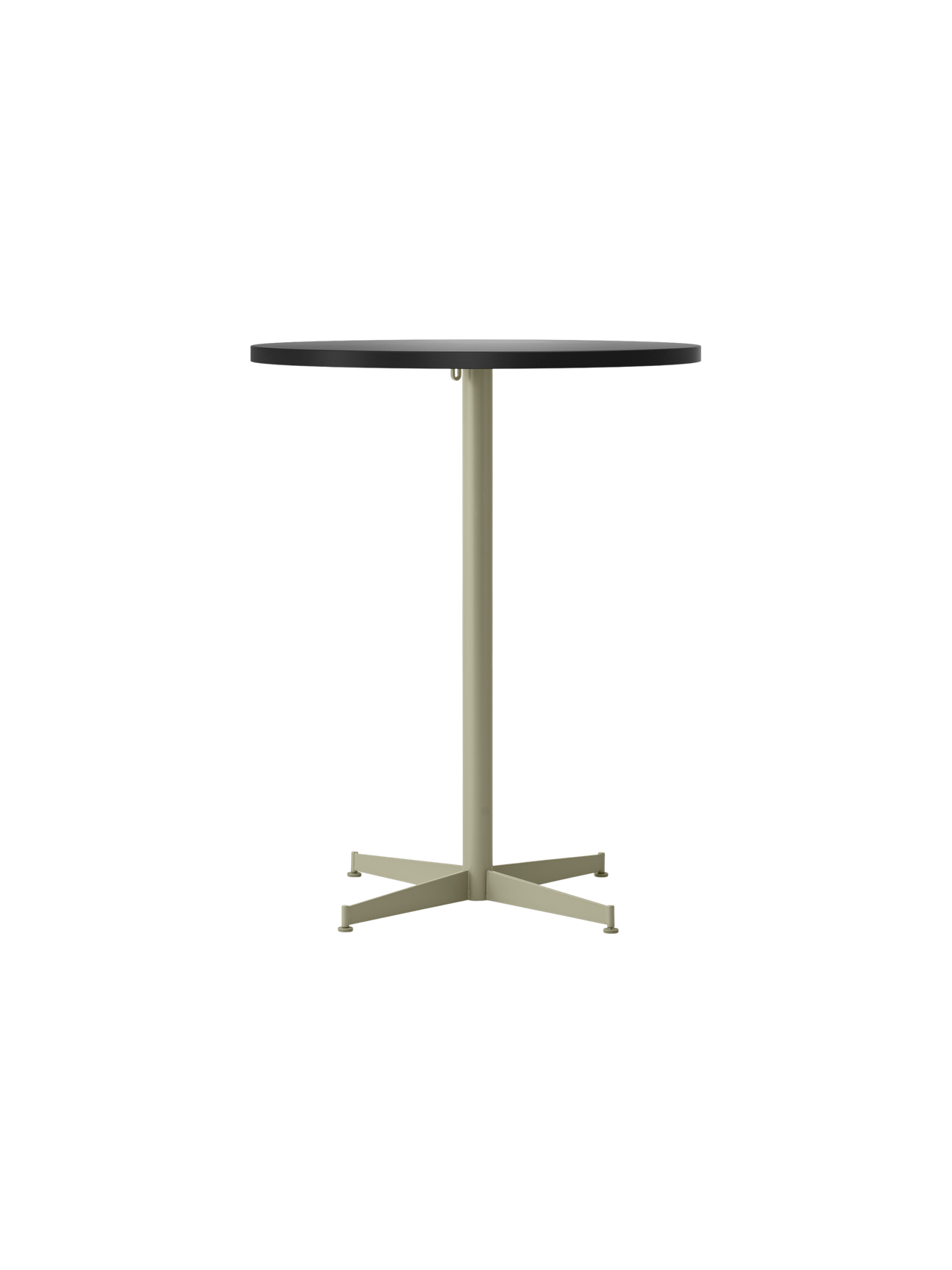 Front-on photograph of the Nook Counter Table, showing its round, charcoal linoleum top and slim, olive-coloured metal base.