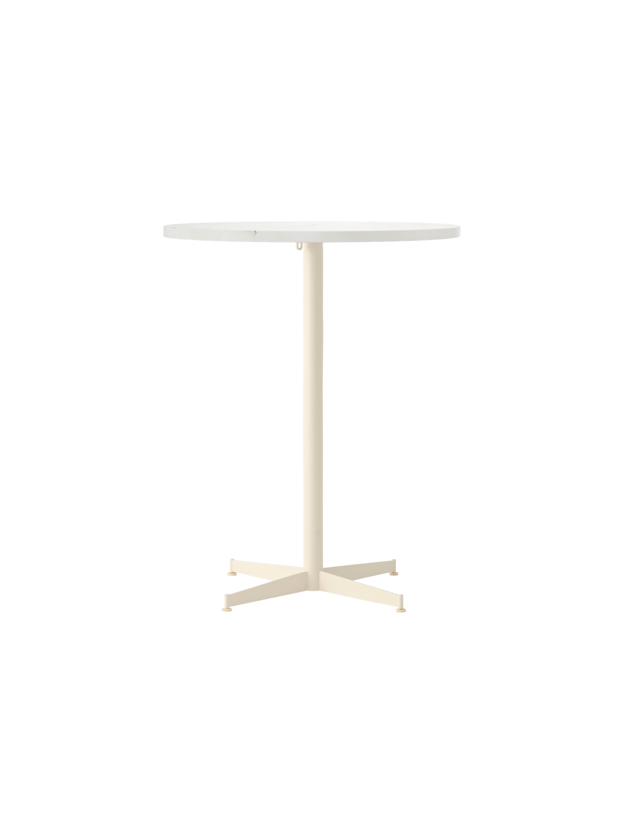 Front view of the Nook Counter Table with a round white tabletop and an ivory-coloured pedestal base with four feet.