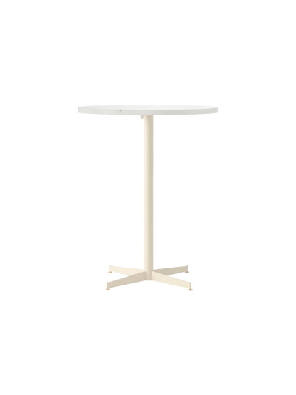 Front view of the Nook Counter Table with a round white tabletop and an ivory-coloured pedestal base with four feet.