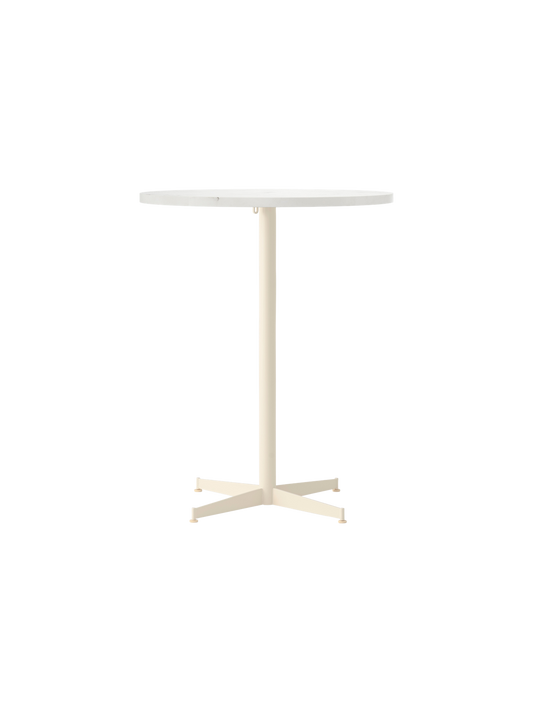 Front view of the Nook Counter Table with a round white tabletop and an ivory-coloured pedestal base with four feet.