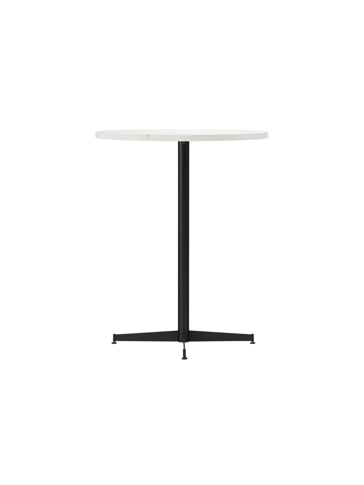 Angled view of the Nook Counter Table with a round, white tabletop, a slim black central pedestal, and a four-pronged base.