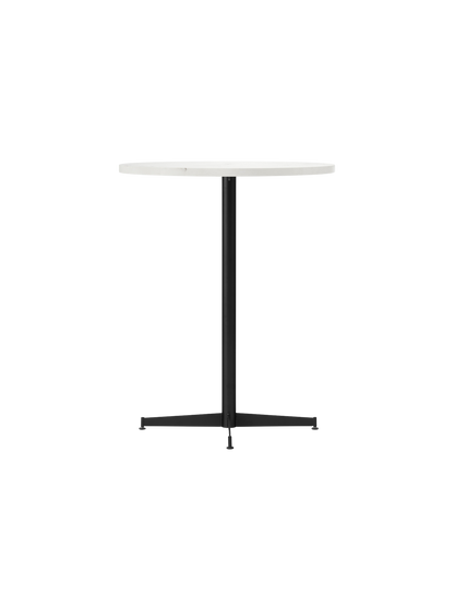 Angled view of the Nook Counter Table with a round, white tabletop, a slim black central pedestal, and a four-pronged base.