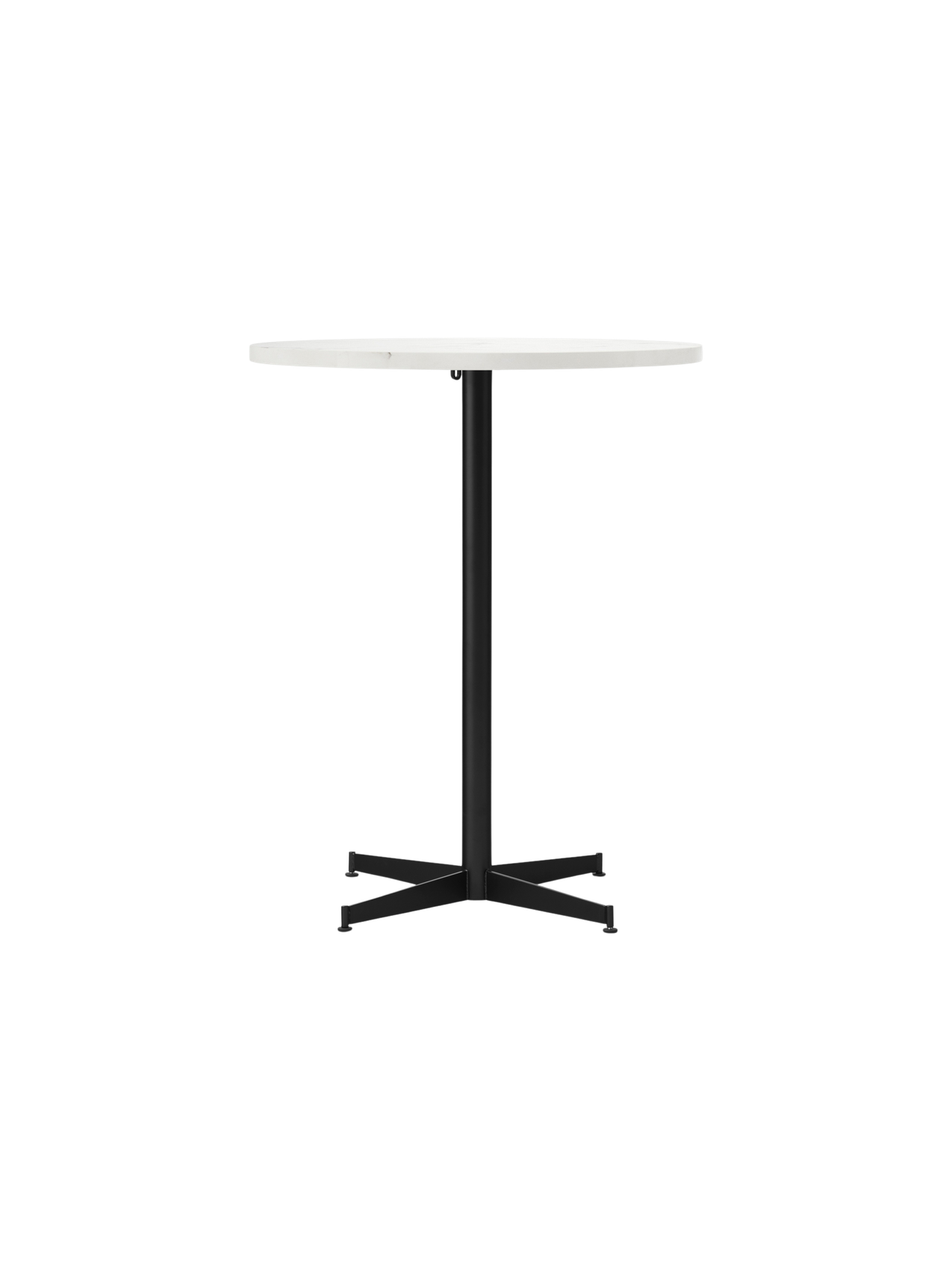 Front view of the Nook Counter Table with a round, white marble top on a slim, black central stem and four-star base.