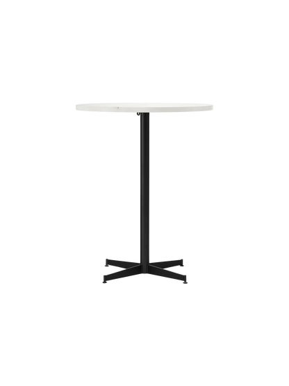 Front view of the Nook Counter Table with a round, white marble top on a slim, black central stem and four-star base.