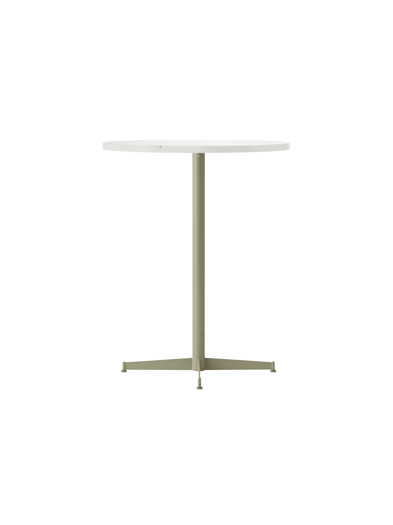 Angled shot of the Nook Counter Table. It has a round, light stone top and a slender olive base with a four-pronged foot.