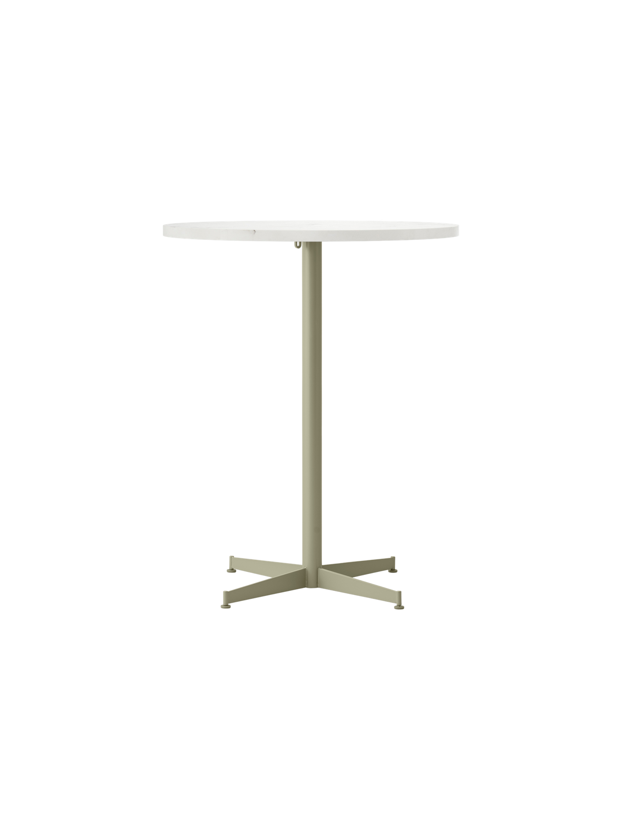 Full frontal view of the Nook Counter Table, featuring a round top and a slim, olive-coloured pedestal base with a star foot.