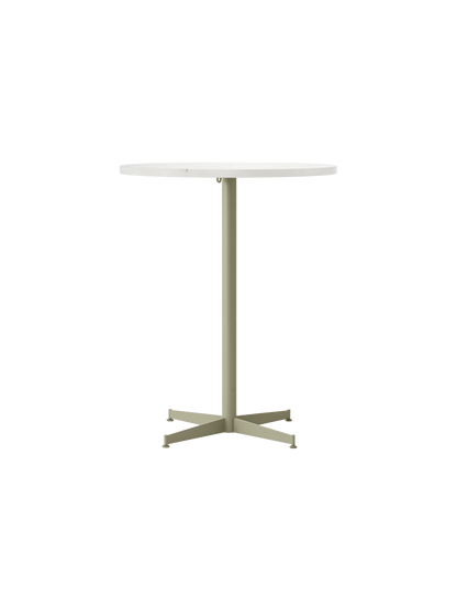 Full frontal view of the Nook Counter Table, featuring a round top and a slim, olive-coloured pedestal base with a star foot.