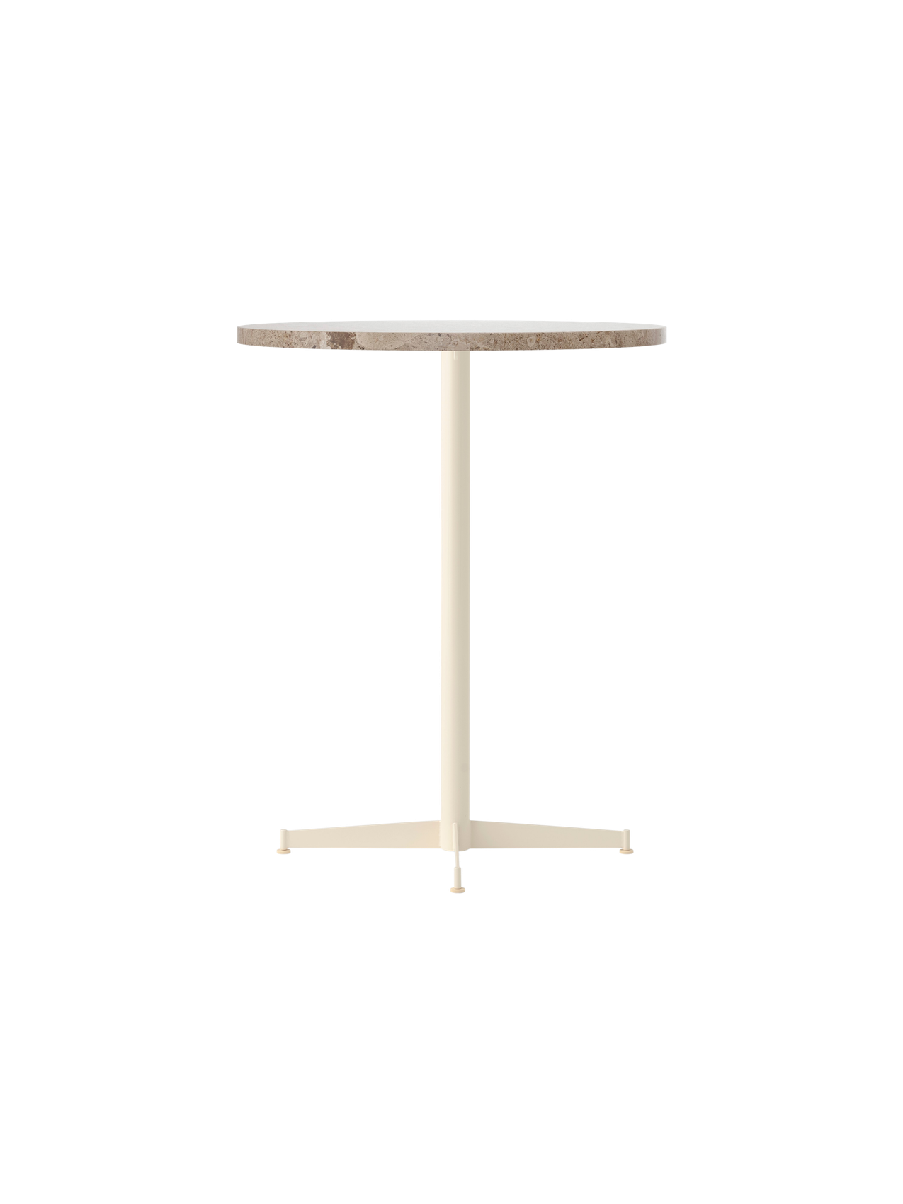 Angle view of the Nook Counter Table with a round Kunis Breccia stone top and an ivory powder-coated steel base.