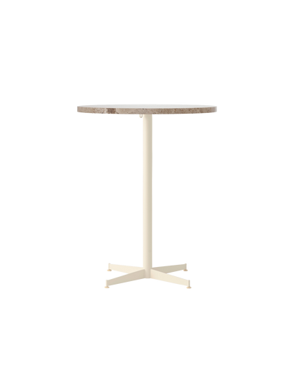 Front view of the Nook Counter Table with a round, patterned stone top and a slender, ivory-coloured central pedestal base.