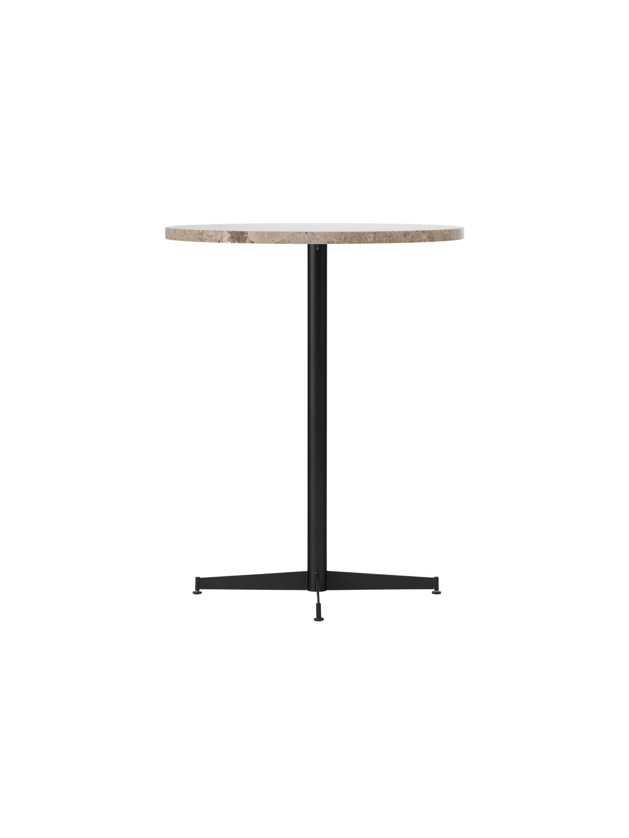 Angled view of the Nook Counter Table featuring a round Kunis Breccia stone top and a slender black powder-coated steel base.