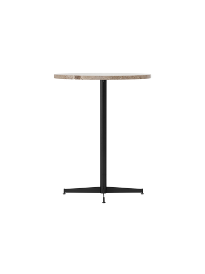 Angled view of the Nook Counter Table featuring a round Kunis Breccia stone top and a slender black powder-coated steel base.