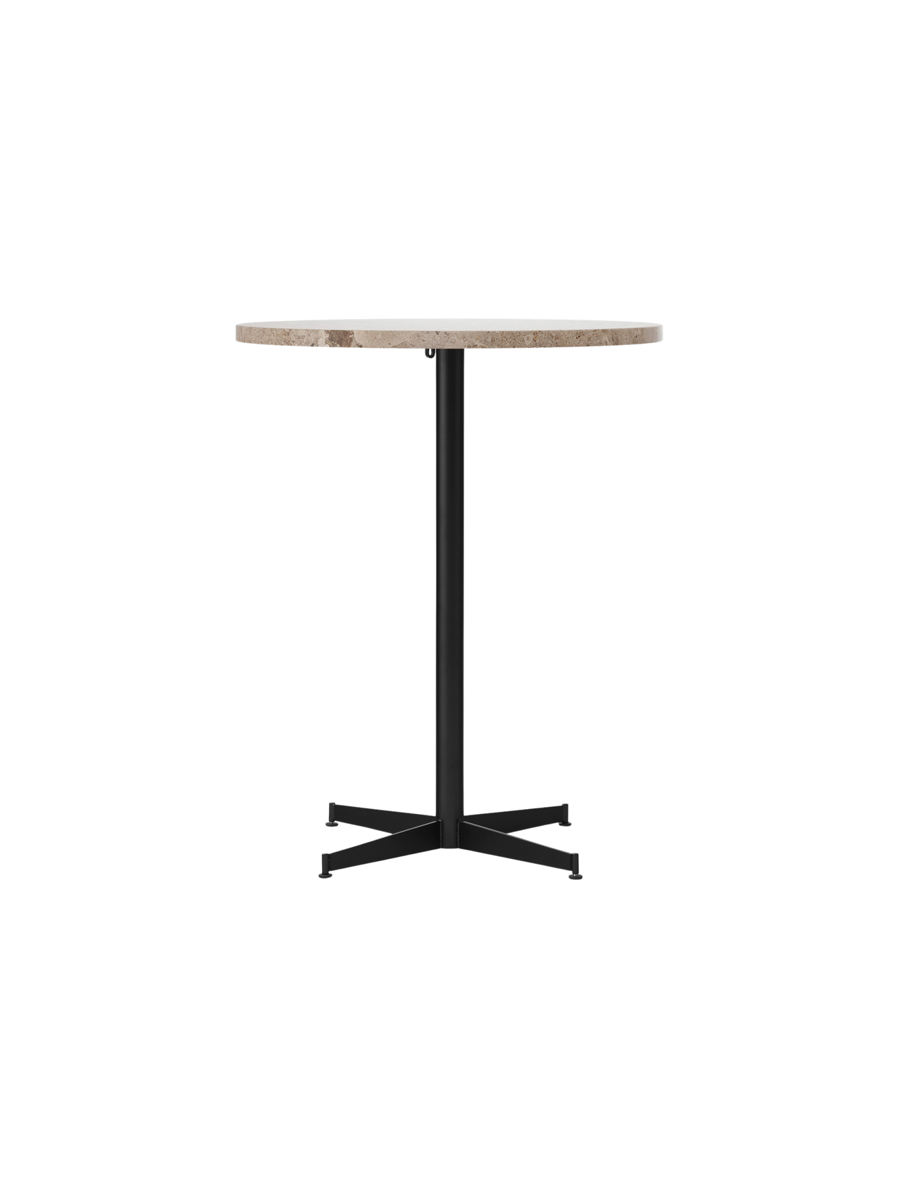 Front view of the Nook Counter Table with a round Kunis Breccia stone tabletop and a slender black powder-coated steel base.