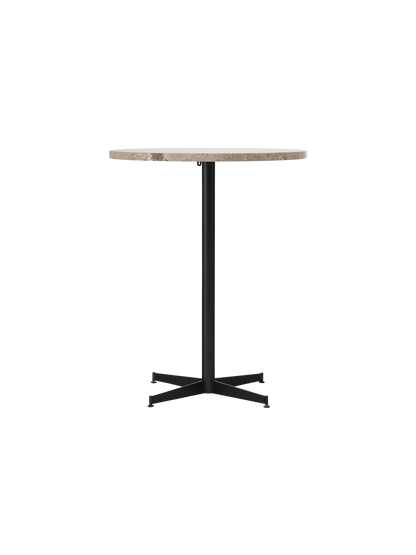 Front view of the Nook Counter Table with a round Kunis Breccia stone tabletop and a slender black powder-coated steel base.