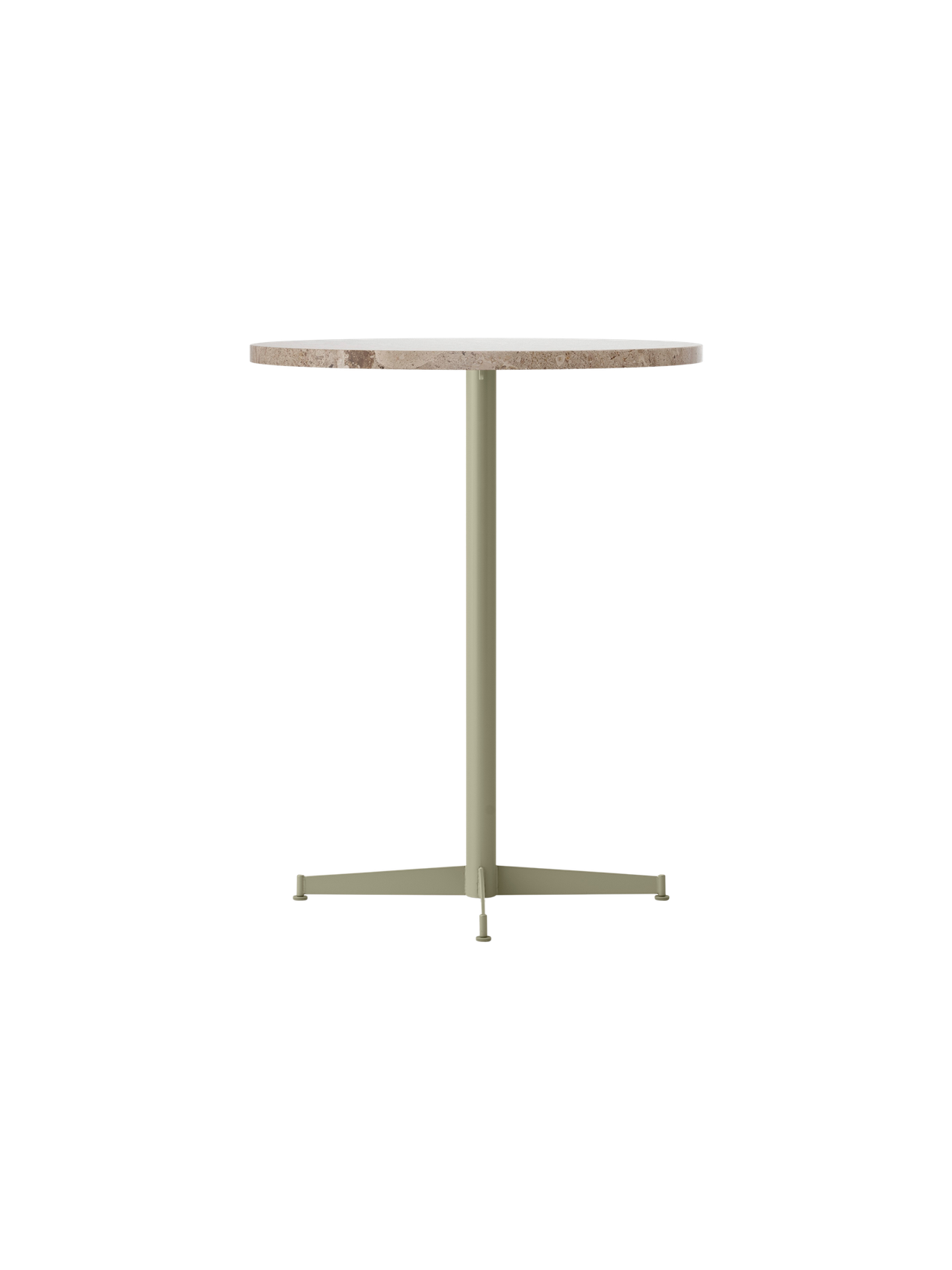A straight-on view of the Nook Counter Table with a round Kunis Breccia stone top and an olive-coloured pedestal base.