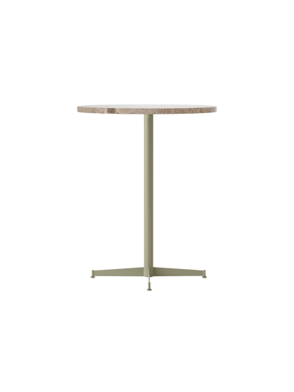 A straight-on view of the Nook Counter Table with a round Kunis Breccia stone top and an olive-coloured pedestal base.