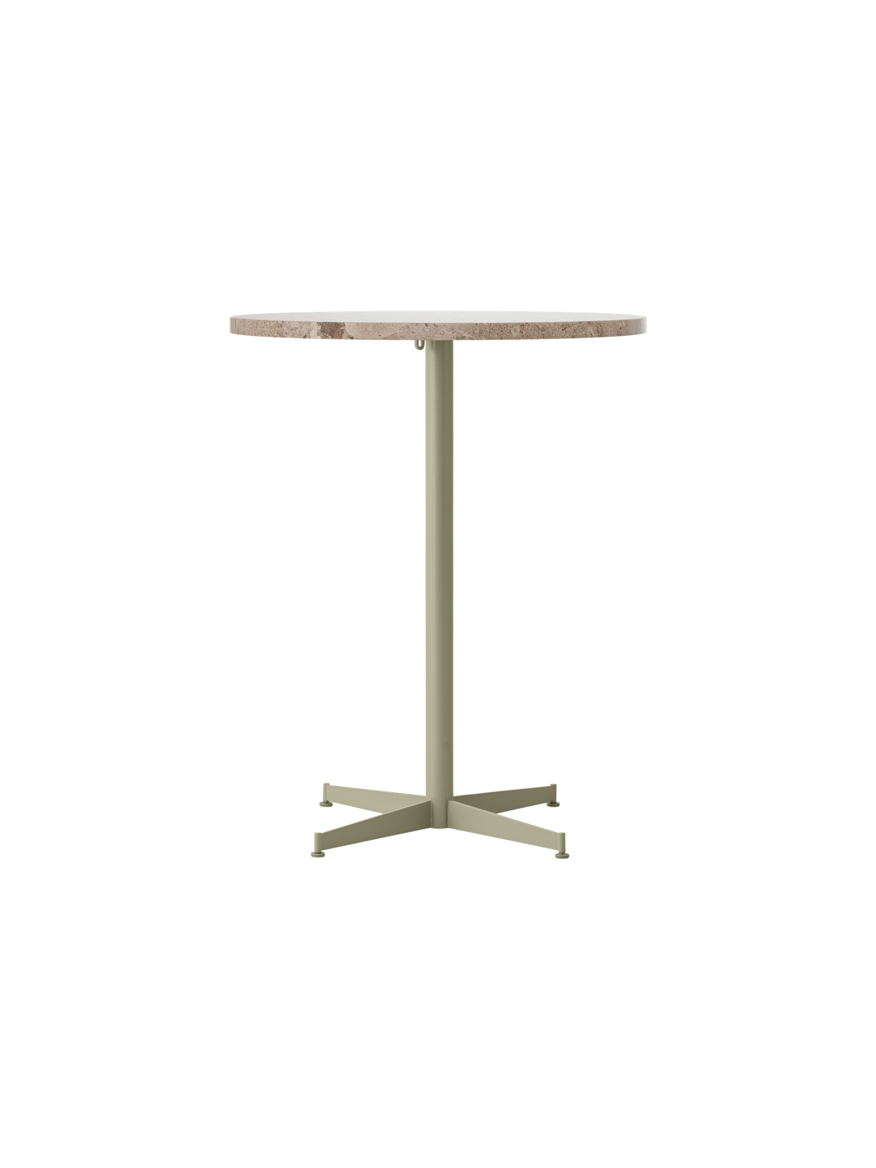 Front view of the Nook Counter Table with a round Kunis Breccia stone top and a slender, olive powder-coated steel base.