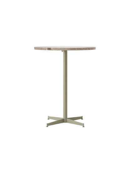 Front view of the Nook Counter Table with a round Kunis Breccia stone top and a slender, olive powder-coated steel base.