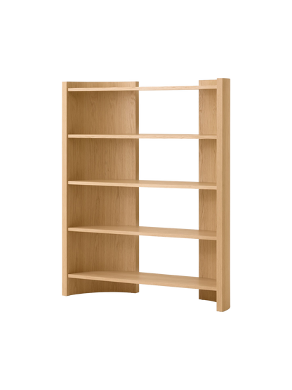 Angled view of a minimalist, light oak bookshelf with five shelves and a partial open-back design against a black background.