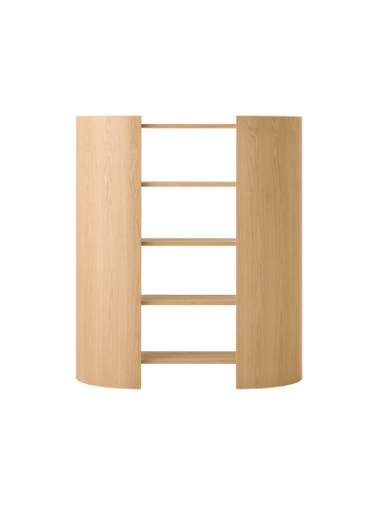 Back view of a light oak shelving unit with four shelves, framed by two curved side panels, on a black background.