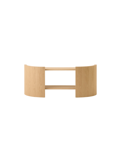 Back view of a minimalist console table in light oak, featuring two curved sides connected by a pair of open shelves.