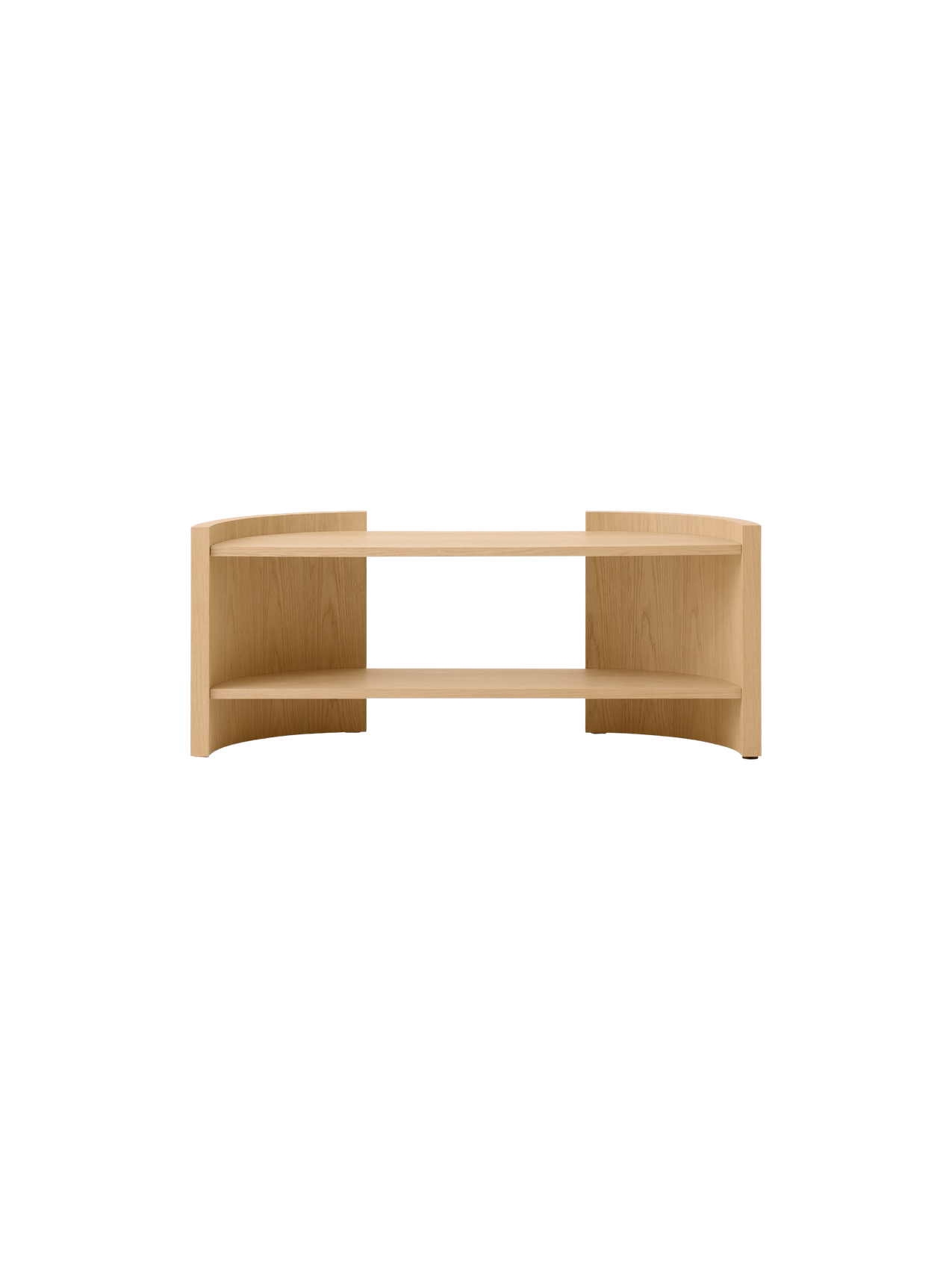 Front view of a low, curved, two-tiered console table in a light oak finish, set against a solid black background.