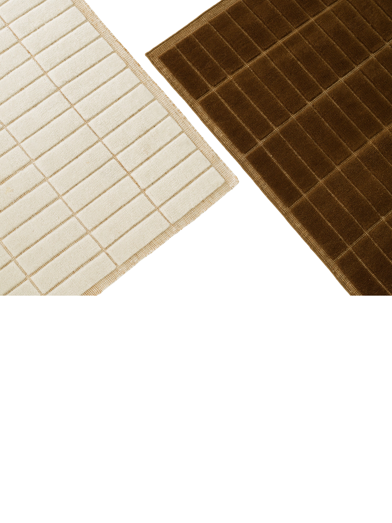 Close-up detail of two rugs against a black background: one light beige, one dark brown, both with a tufted grid pattern.