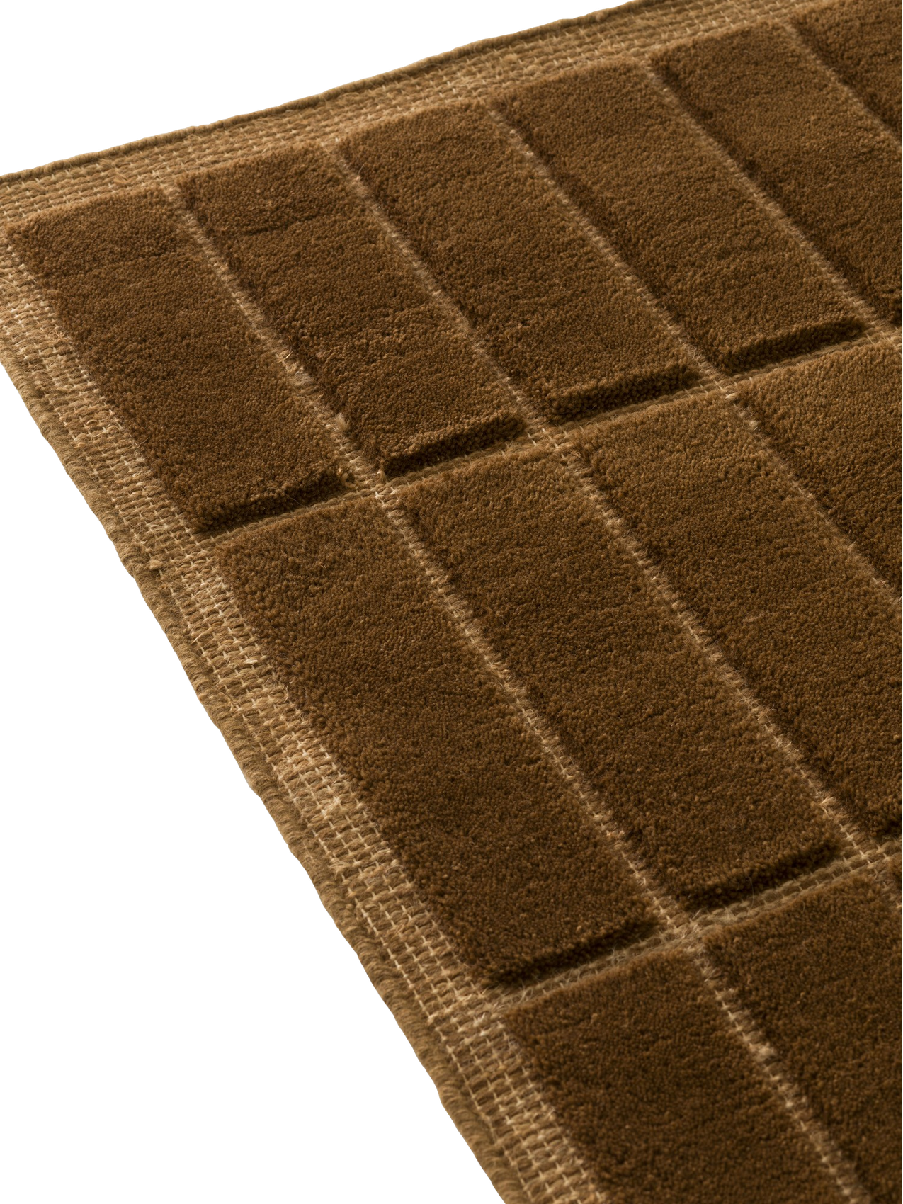 A close-up, detailed image of a brown woven textile with a geometric pattern of raised, plush rectangular sections.