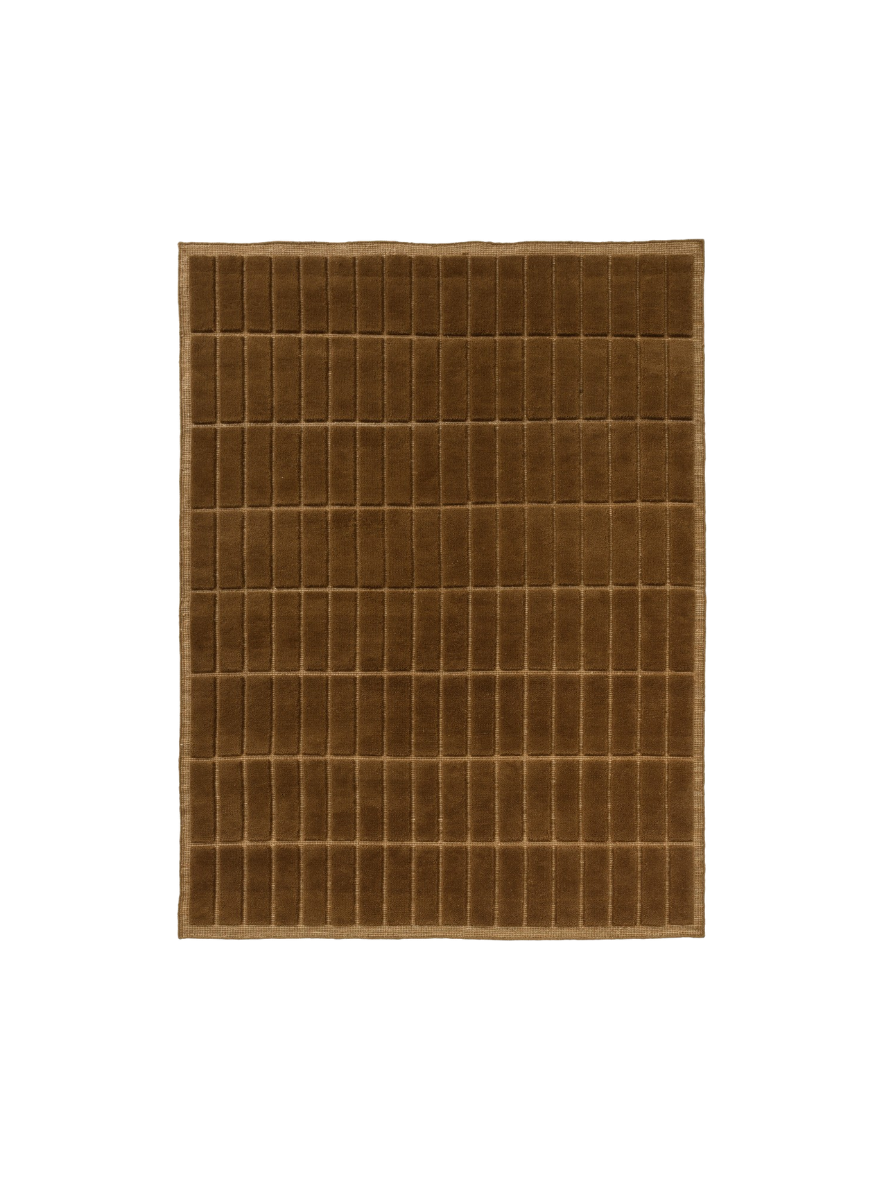 Top-down view of a square, brown rug featuring a plush, tufted grid pattern of vertical rectangles and a simple woven border.