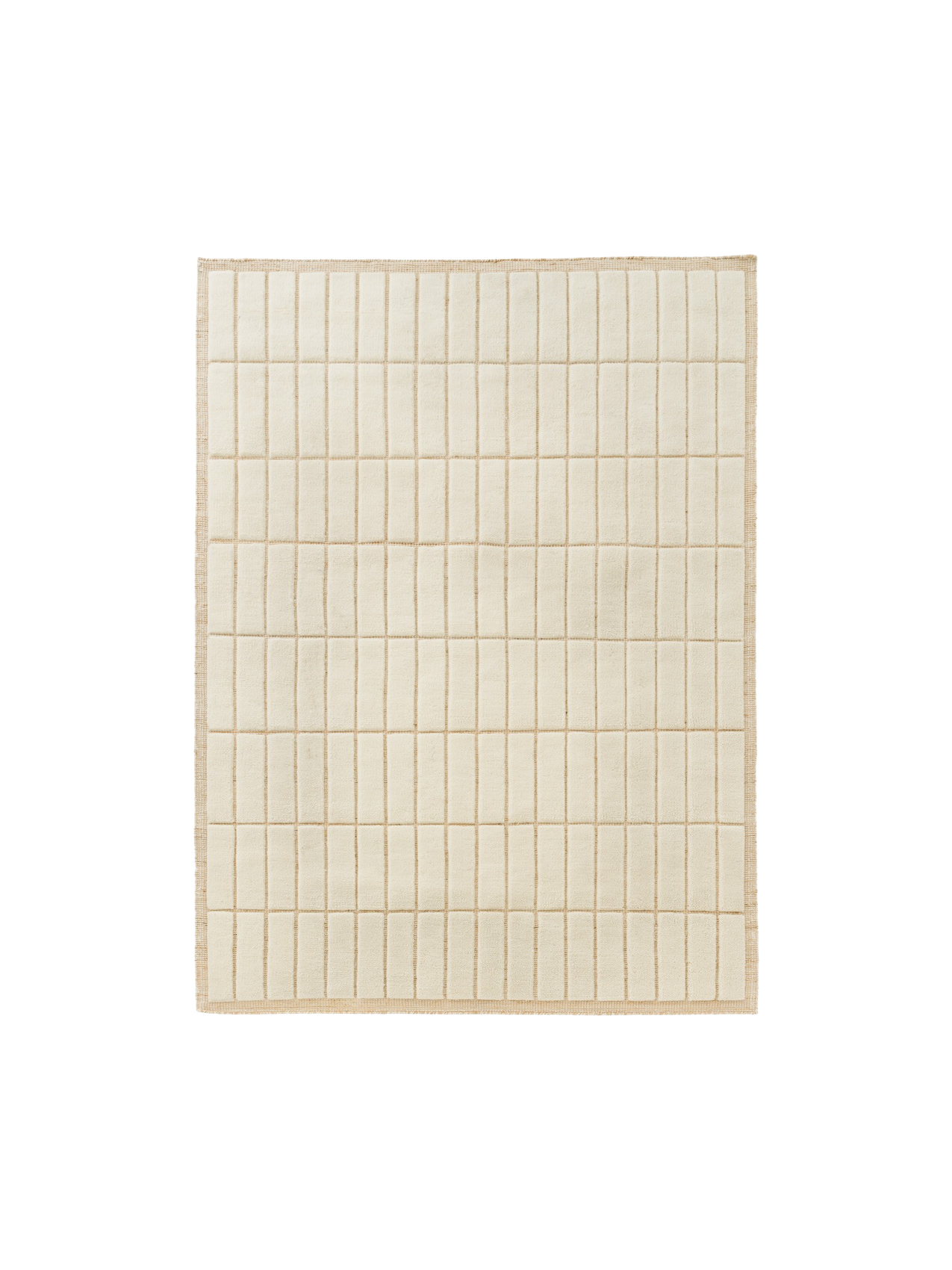 Top-down view of a square, light beige rug featuring a raised grid pattern of soft, rectangular tiles and a woven border.