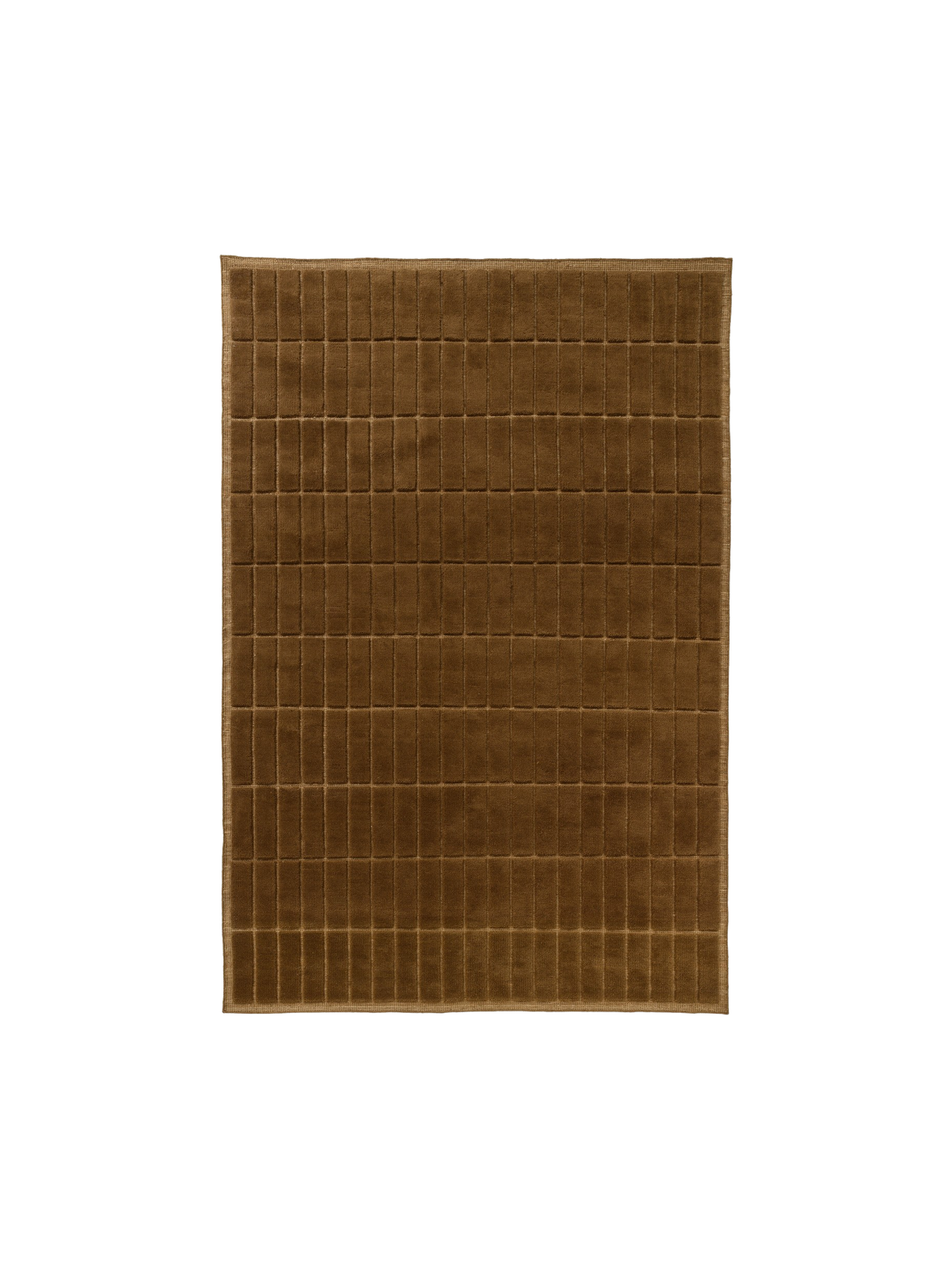 Top-down view of a square, plush rug in a warm brown colour, featuring a carved grid pattern of small, uniform rectangles.