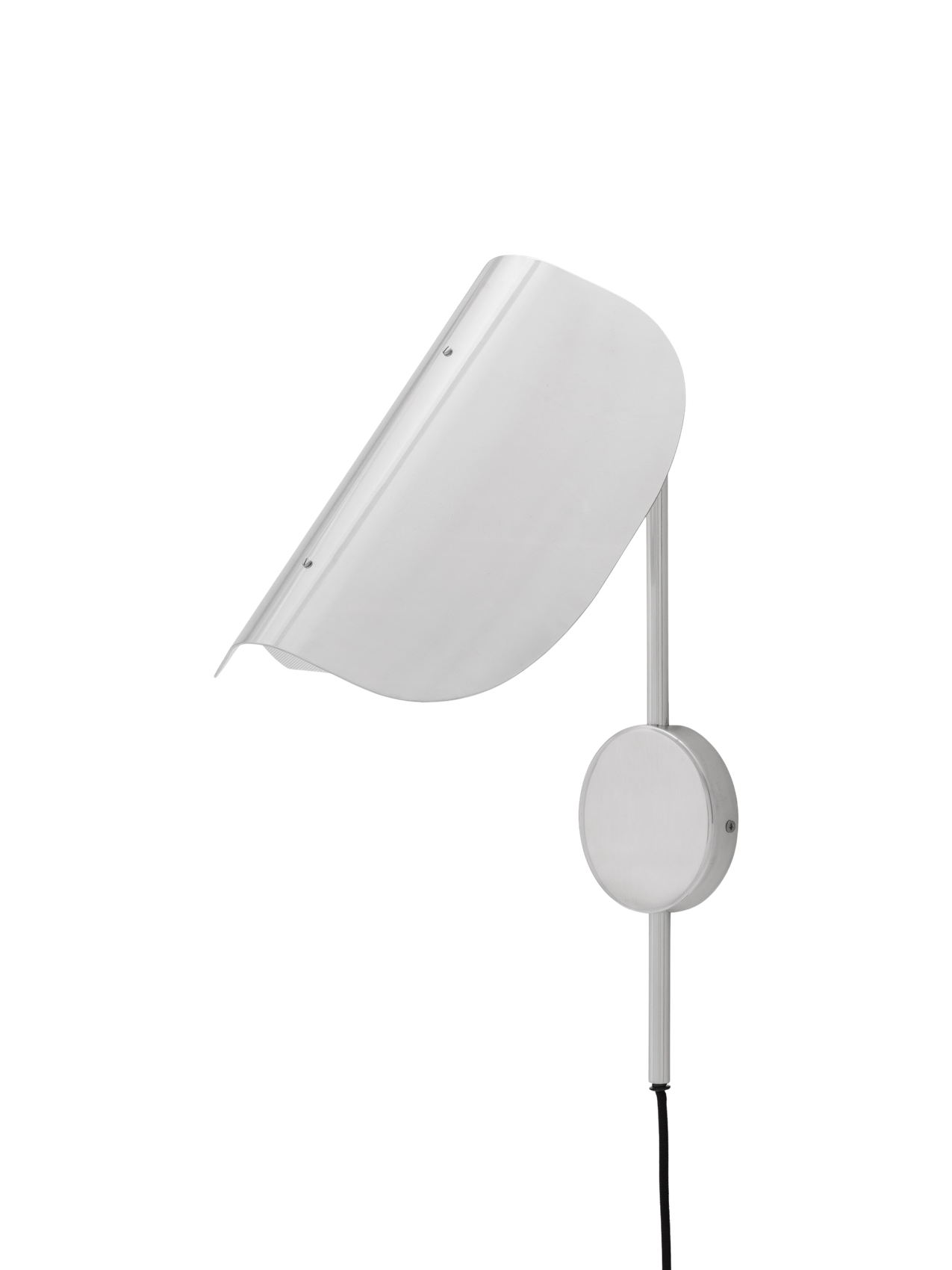 An angled view of the Wing Wall Lamp in polished aluminium. The light is off, showing the curved shade, support arm and cord.