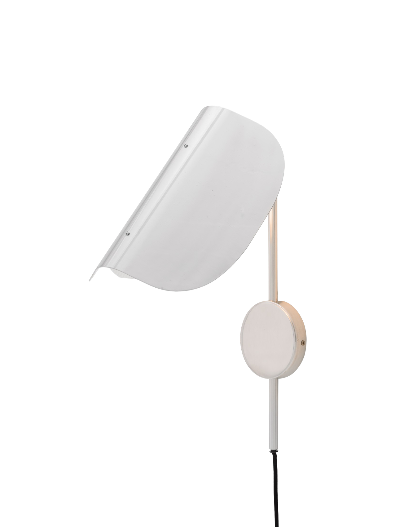 A polished aluminium Wing Wall Lamp, seen from an angle. The light is on, illuminating its distinct, folded wing-like shade.