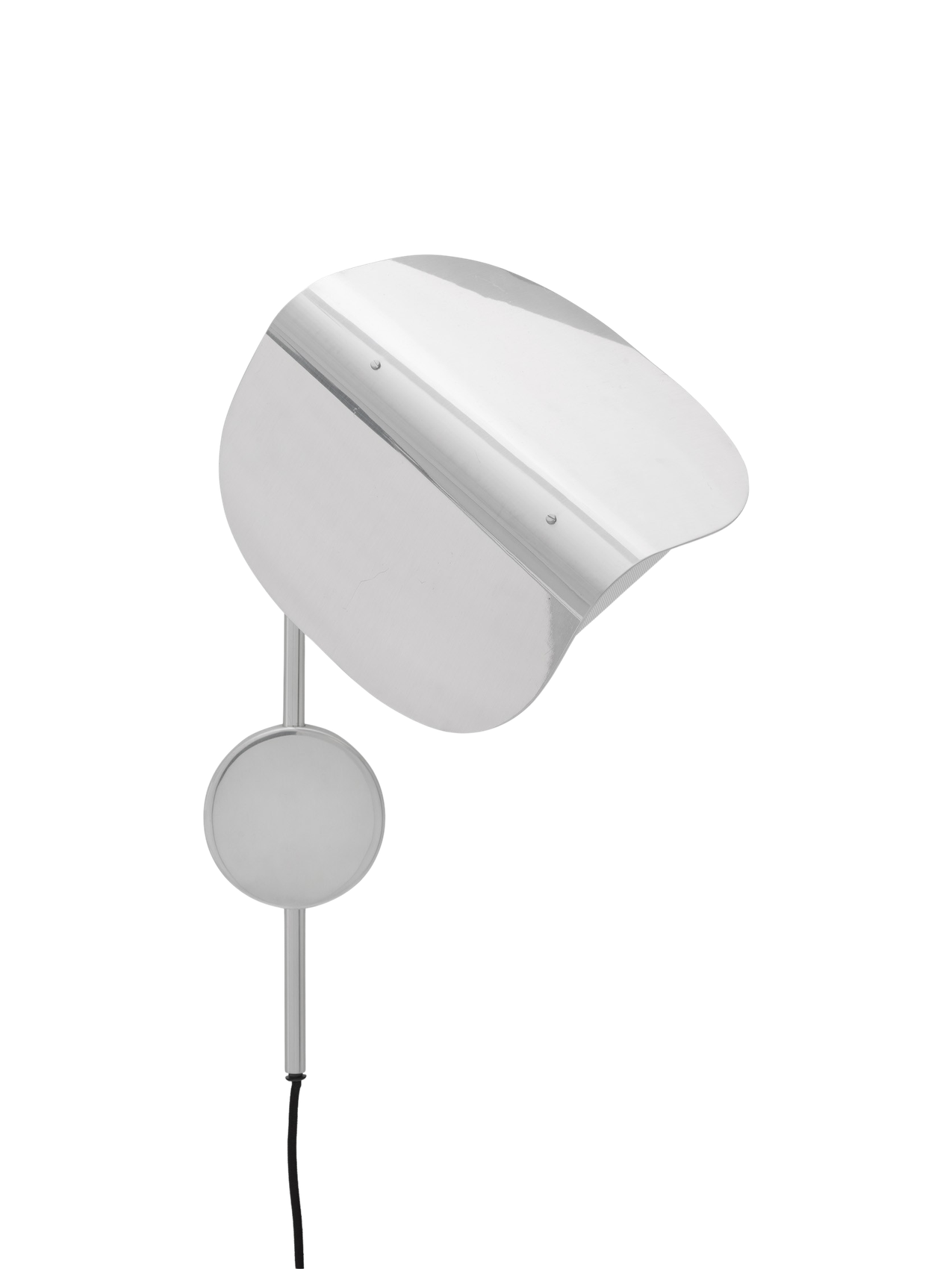 The Wing Wall Lamp in polished aluminium, shown from the front against a black background. The lamp is switched off.