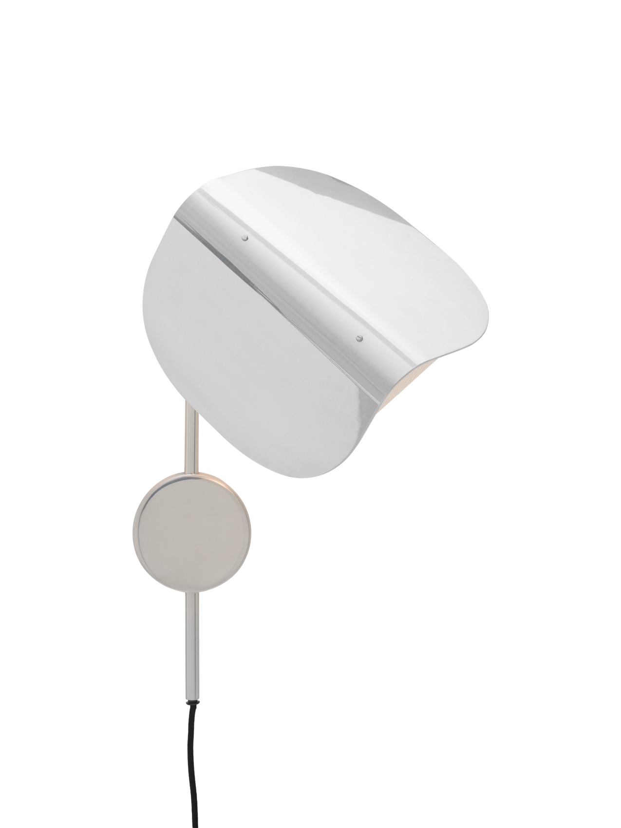 Side view of the Wing Wall Lamp in polished aluminium. The wing-shaped shade is tilted downwards, emitting a warm glow.