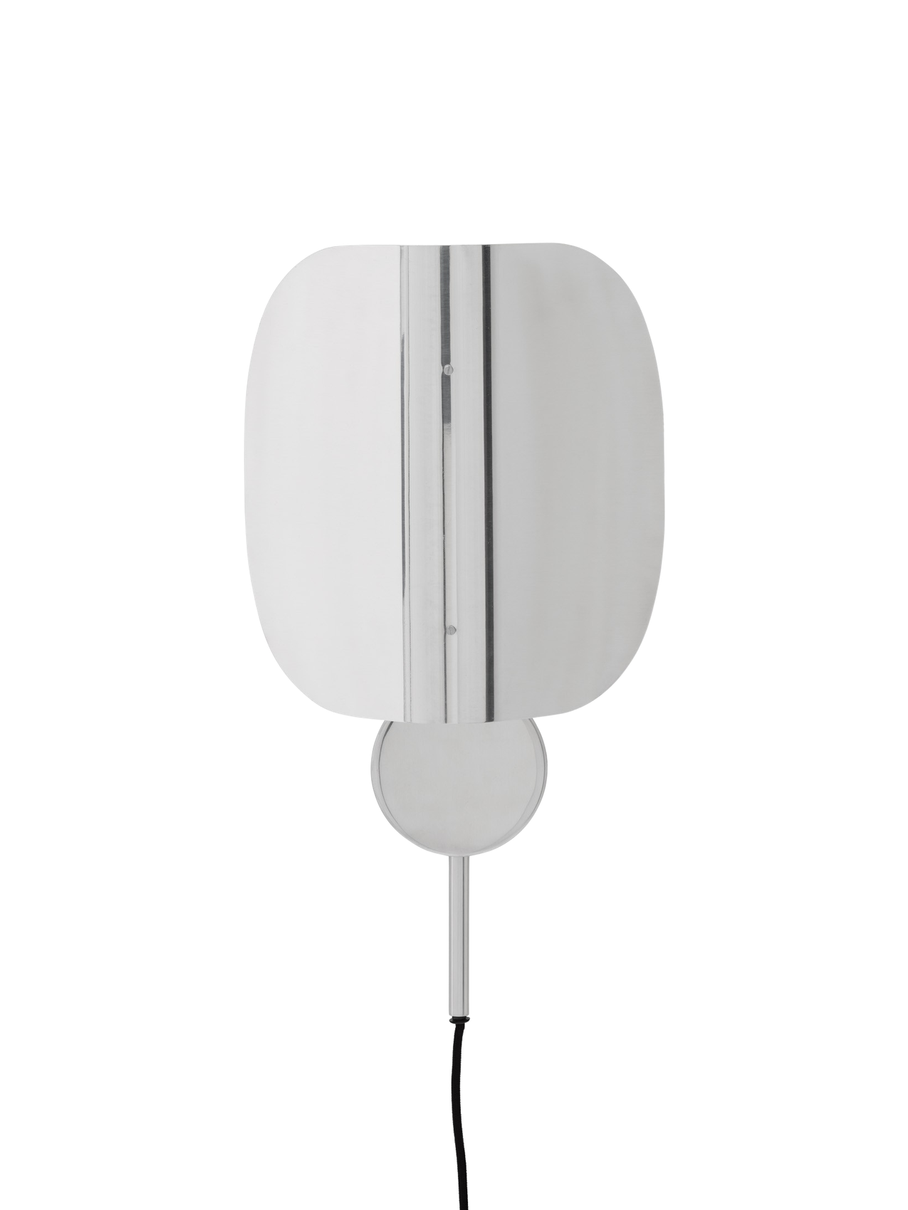 Front view of the Wing Wall Lamp in polished aluminium. The lamp features a folded, reflective shade and is shown turned off.