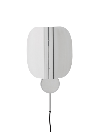 Front view of the Wing Wall Lamp in polished aluminium. The lamp features a folded, reflective shade and is shown turned off.