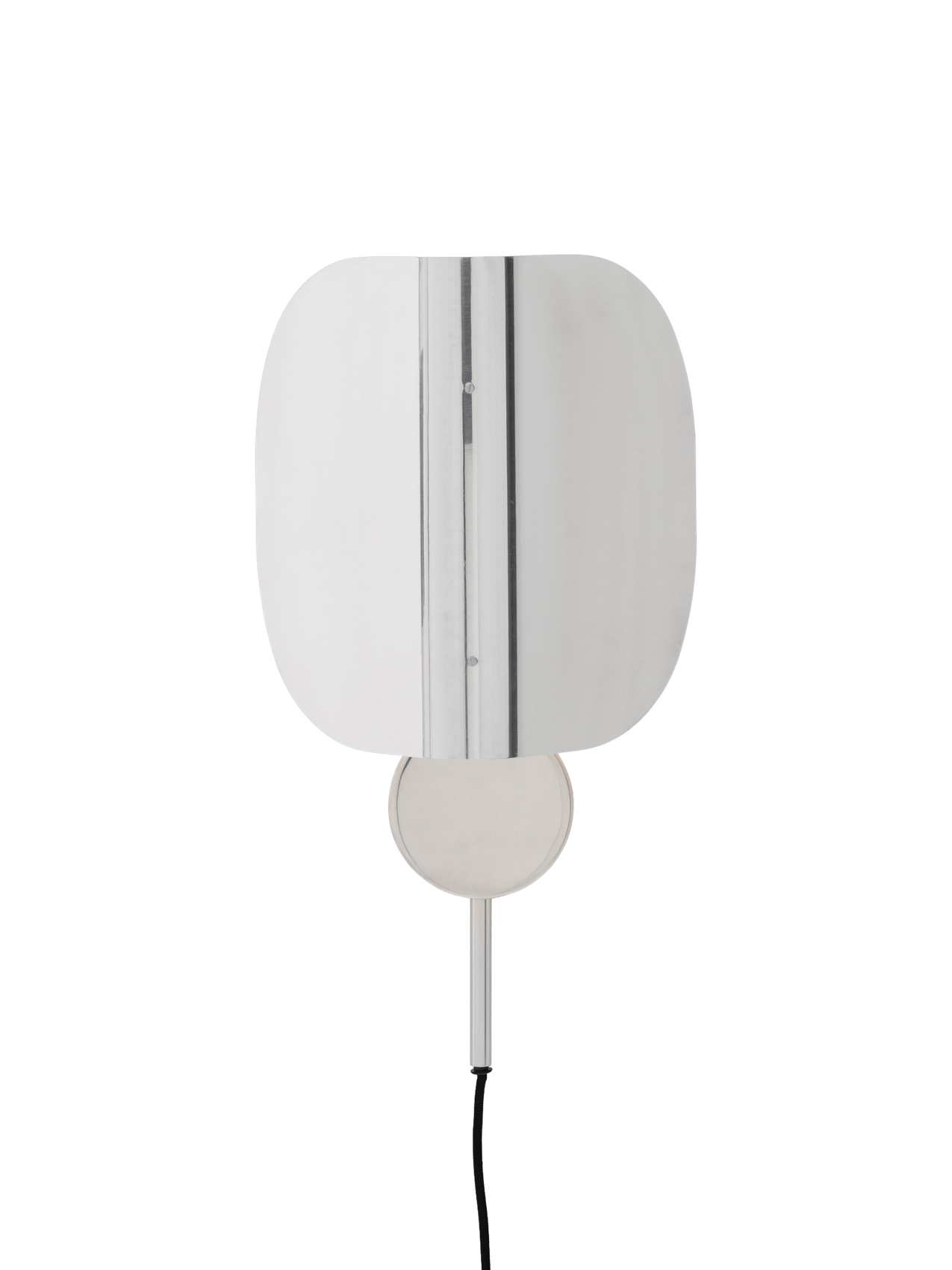 Front view of the Wing Wall Lamp in polished aluminium. The light is on, illuminating its folded, wing-like shade.