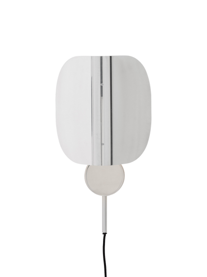 Front view of the Wing Wall Lamp in polished aluminium. The light is on, illuminating its folded, wing-like shade.