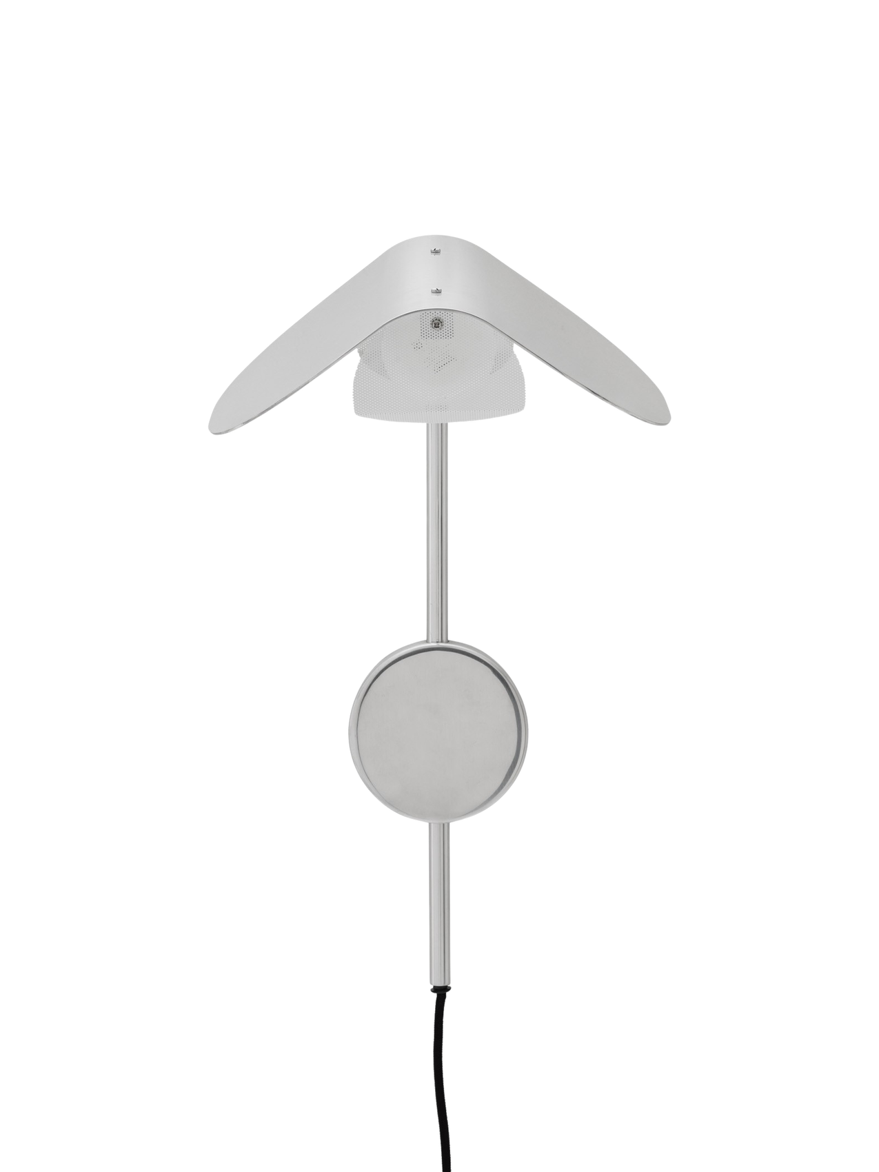 The Wing Wall Lamp in polished aluminium, shown from above, switched off, with a wing-shaped shade and round mount.