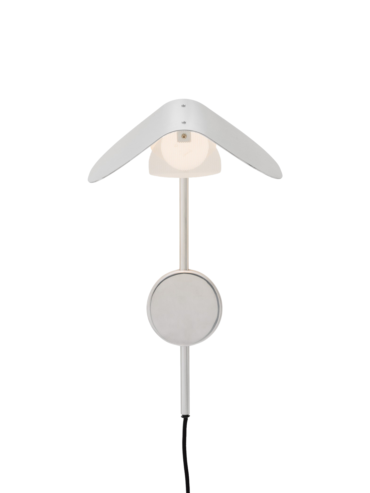 A front view of the illuminated Wing Wall Lamp in polished aluminium, featuring a wing-like shade over a glowing diffuser.