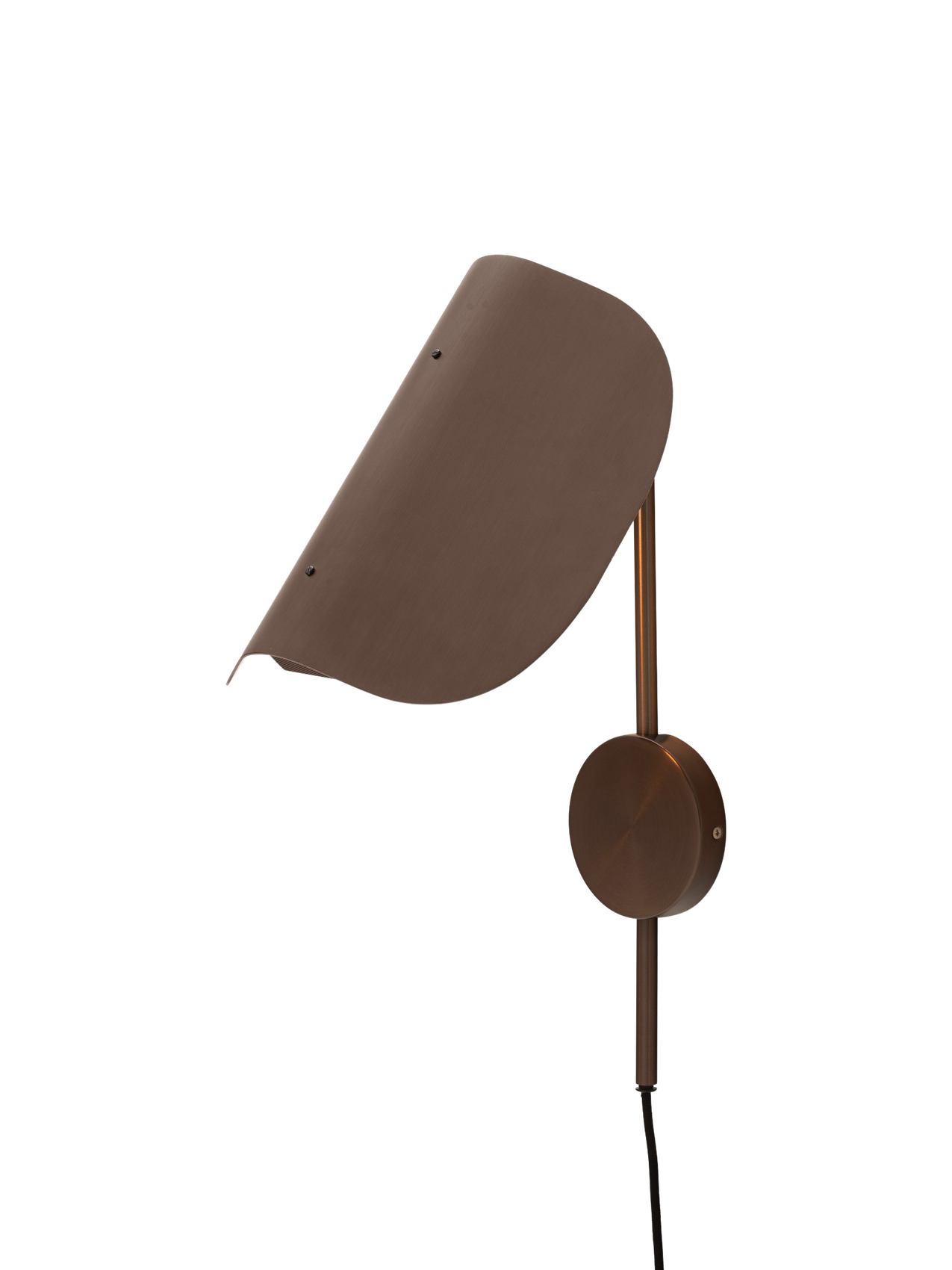 Angled view of the bronzed aluminium Wing Wall Lamp with its light on, highlighting the distinctive wing-shaped shade.