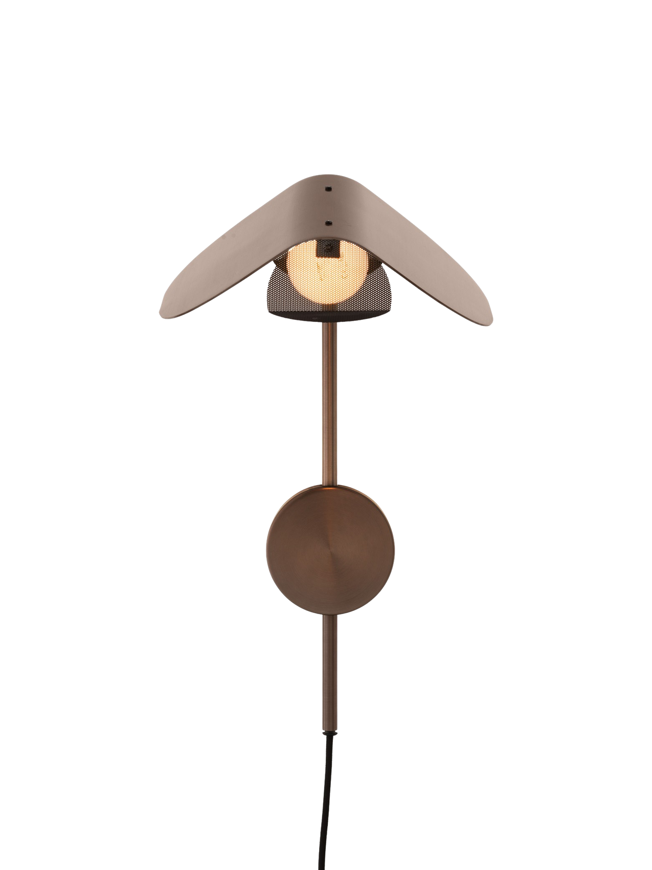 Front view of the turned-on Wing Wall Lamp in Bronzed Aluminium, featuring its wing-shaped shade over a glowing bulb.