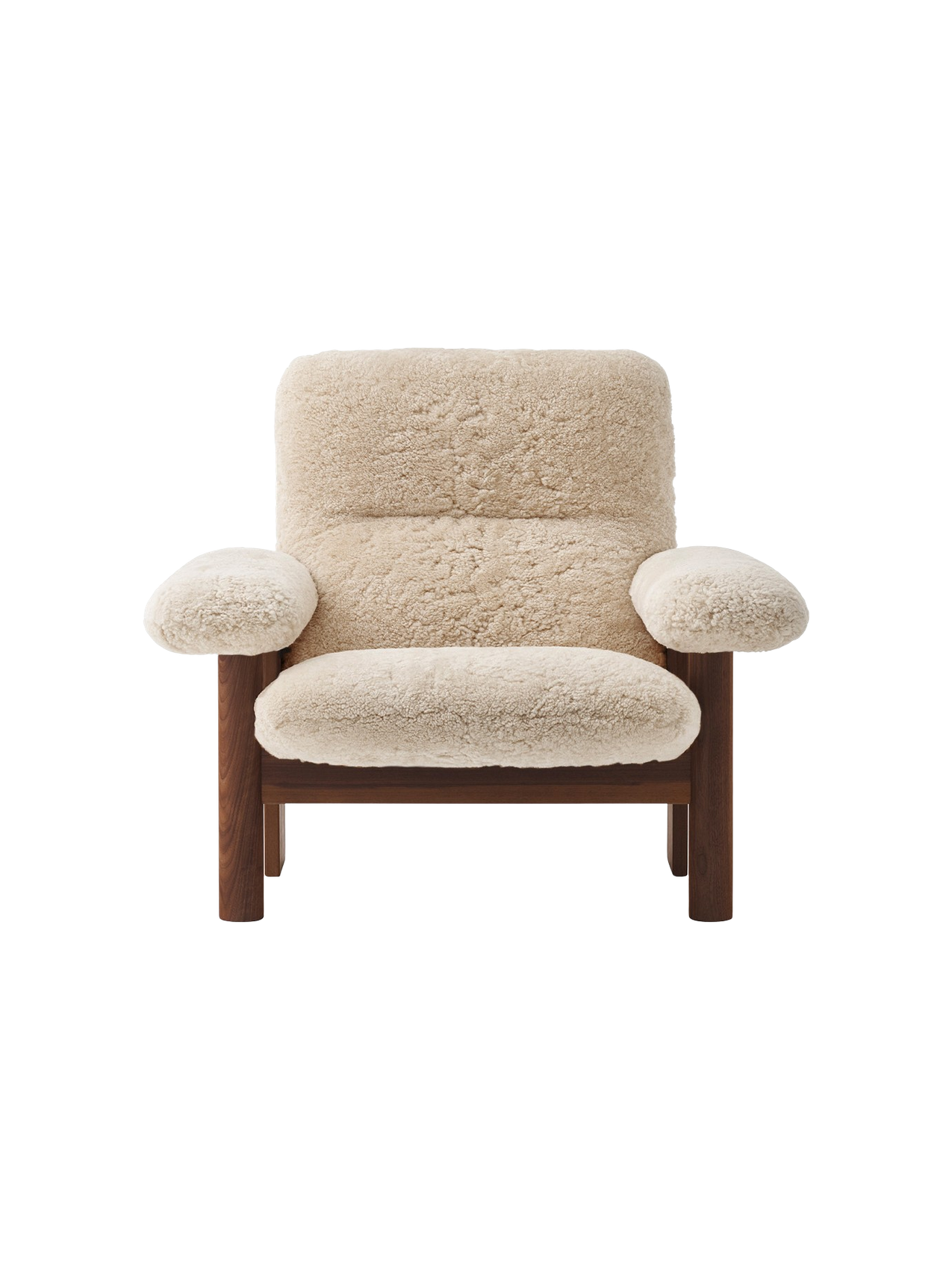 A front view of the Brasilia Lounge Chair with a high back, dark stained oak frame and thick, plush sheepskin upholstery.